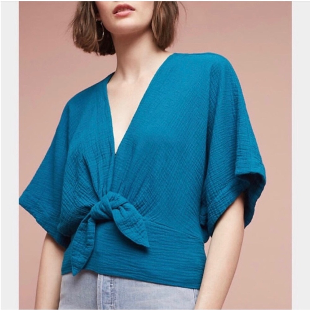 Anthropologie Floreat Teal Blue Raeka Dolman Sleeve Kimono Top with Tie XS